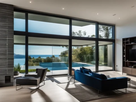 Commercial glass window installation close-up